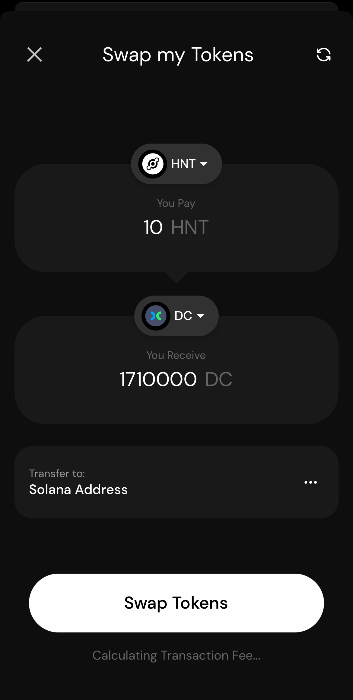 Helium Wallet app token swap screen